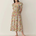 Women Doen U-neck Floral Puff Sleeve A-line Midi Dress